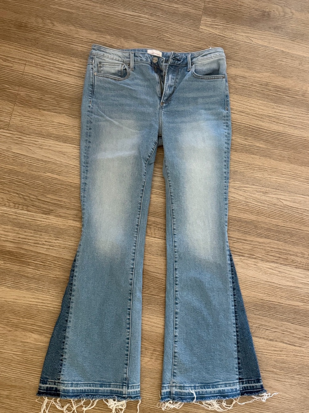 DRIFTWOOD Two-Tone Light Blue Flare Jeans with Frayed Hem